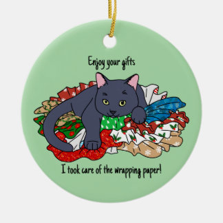 Christmas cat with wrapping paper ceramic ornament