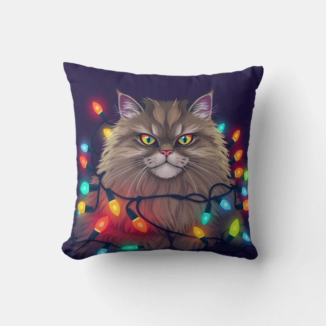 Christmas Cat Wrapped in Colorful Lights Throw Pillow (Front)