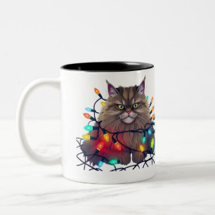 Christmas Cat Wrapped in Colorful Lights Two-Tone Coffee Mug
