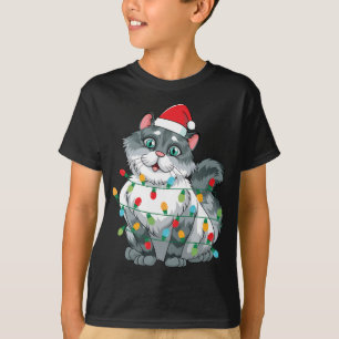 Christmas Cat Wrapped In Colorful Lights Wearing S T-Shirt