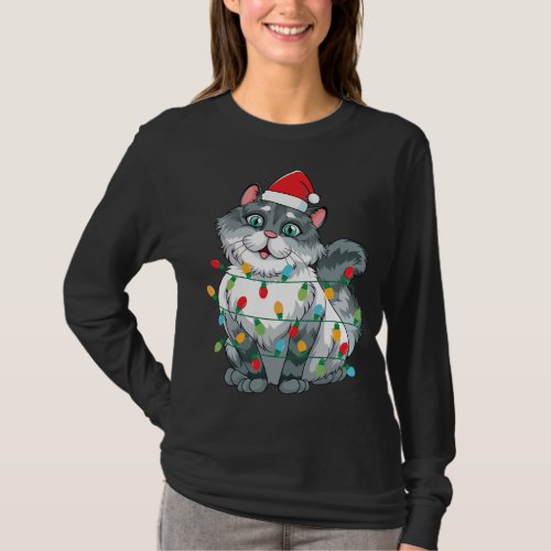 Christmas Cat Wrapped In Colorful Lights Wearing S T_Shirt