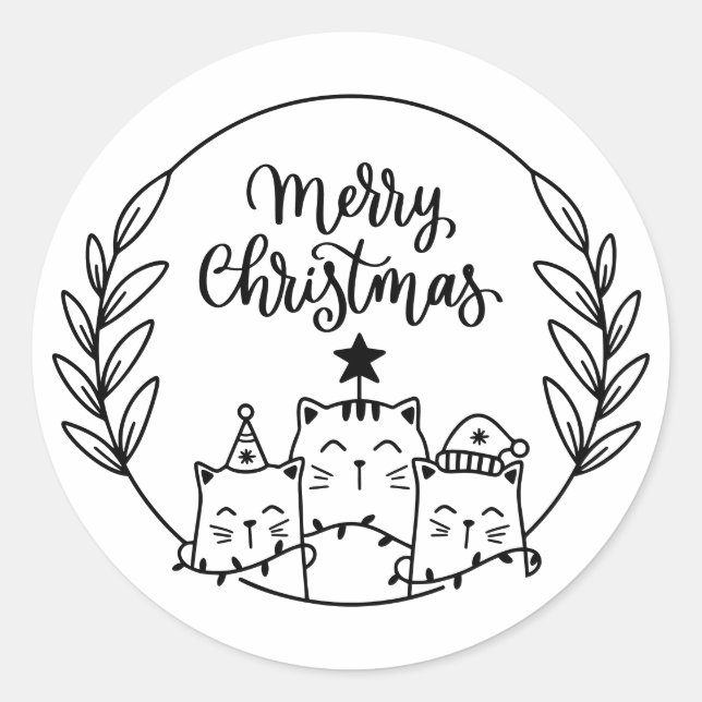 Christmas cat wreath classic round sticker (Front)