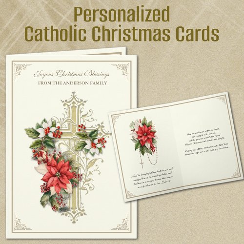 Christmas Catholic Gold Cross Poinsettias Holiday Card