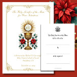 Christmas Catholic Mass Intentions Remembrance Note Card<br><div class="desc">Send a heartfelt gift of prayer and remembrance this Christmas season with this beautifully designed Catholic Mass Offering card. Featuring a stunning image of a gold chalice and host, the central symbols of the Holy Eucharist, surrounded by vibrant red poinsettias, this card captures the spirit of Christmas and the sacredness...</div>