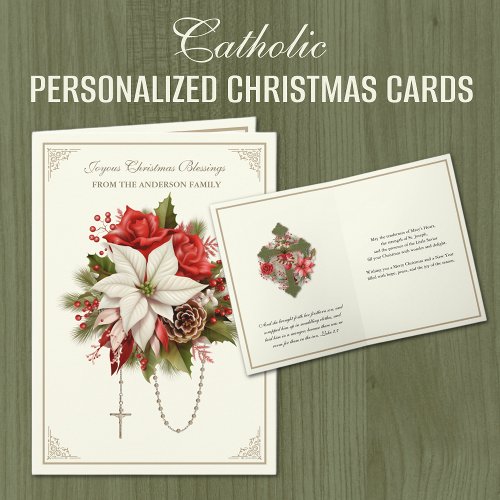 Christmas Catholic Rosary Mary Heart Poinsettias  Holiday Card