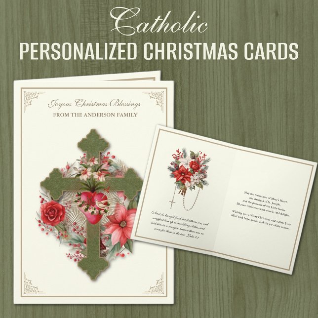 Christmas Catholic Virgin Mary Heart Poinsettias  Holiday Card (Catholic Personalized Christmas Cards with Poinsettias and Cross)