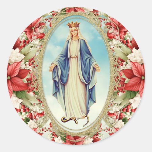 Christmas Catholic Virgin Mary Poinsettias Classic Round Sticker