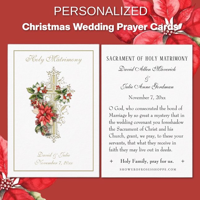 Christmas Catholic Wedding Favor Holy Card (Traditional Catholic Gold Cross Poinsettia Christmas prayer cards)
