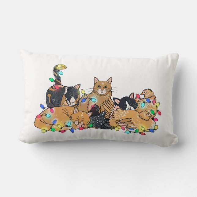 Christmas Cats and Chickens Illustration Lumbar Pillow (Back)