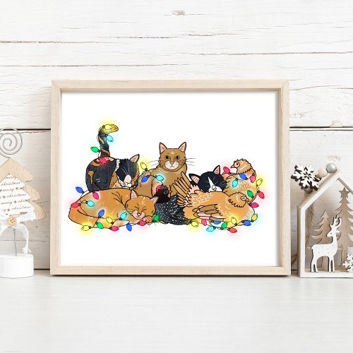 Christmas Cats and Chickens Illustration Poster