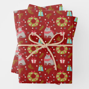 Christmas Cats and Festive Decorations Red Wrapping Paper Sheets