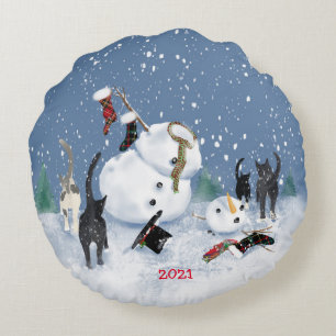 Christmas Cats and Snowman 2 sided Round pillow