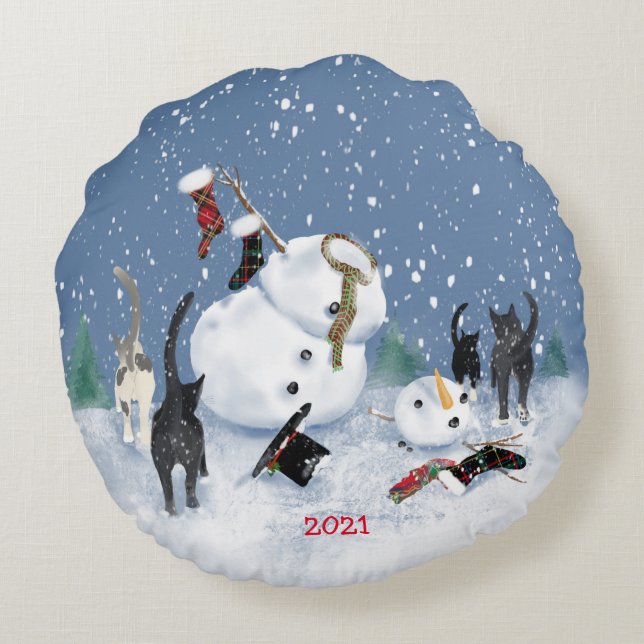 Christmas Cats and  Snowman 2 sided Round pillow (Back)