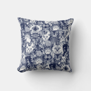 Christmas cats blue throw pillow