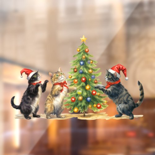 Christmas Cats Celebrating Around the Xmas Tree Window Cling