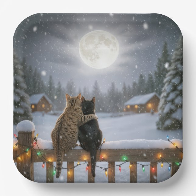 Christmas Cats Cuddling On a Snowy Fence Paper Plates (Front)