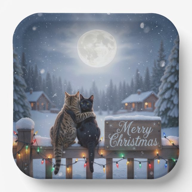 Christmas Cats Embracing On a Snowy Fence Paper Plates (Front)