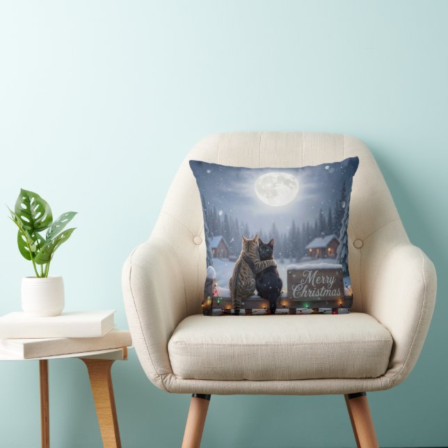Christmas Cats Embracing On a Snowy Fence Throw Pillow (Chair)