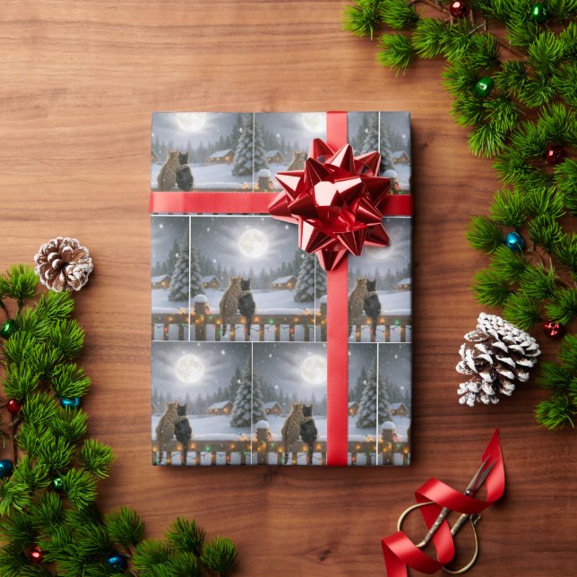 Christmas Cats Embracing On a Snowy Fence Wrapping Paper (Holiday Gift)