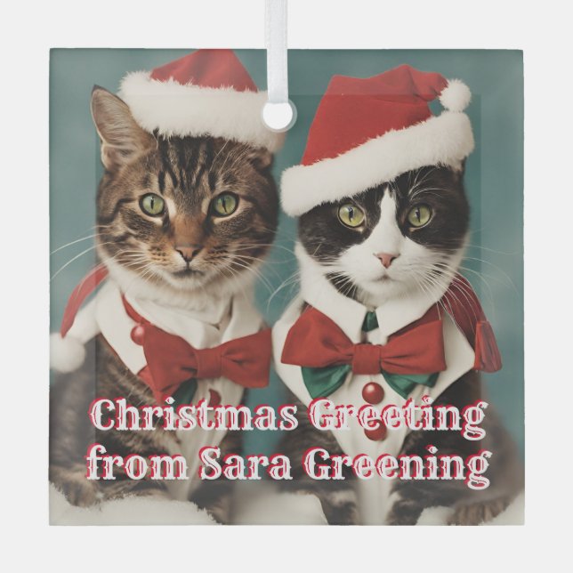 Christmas Cats Glass personalised Cute Kittens Glass Ornament (Front)