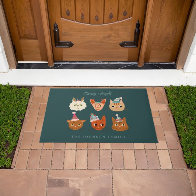 Christmas Cats Green Doormat (Outdoor)