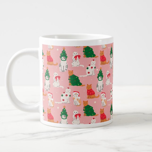 Christmas Cats in Festive Attire Pattern Giant Coffee Mug (Left)