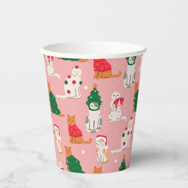 Christmas Cats in Festive Attire Pattern Paper Cups (Front)
