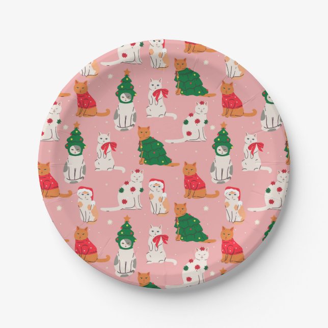 Christmas Cats in Festive Attire Pattern Paper Plates (Front)