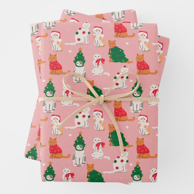 Christmas Cats in Festive Attire Pattern Wrapping Paper Sheets (In situ)