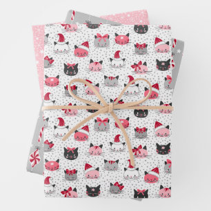 Christmas Cats in Hats Set of Three Wrapping Paper Sheets