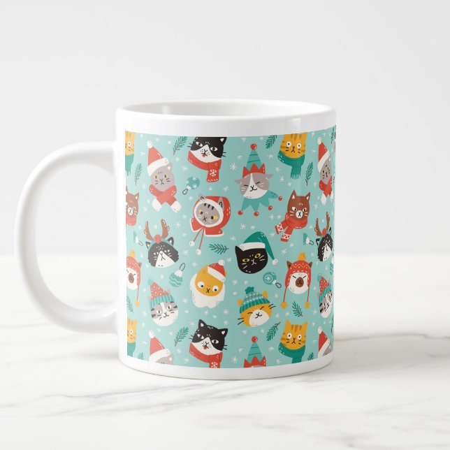 Christmas Cats in Holiday Sweaters Pattern Giant Coffee Mug (Left)