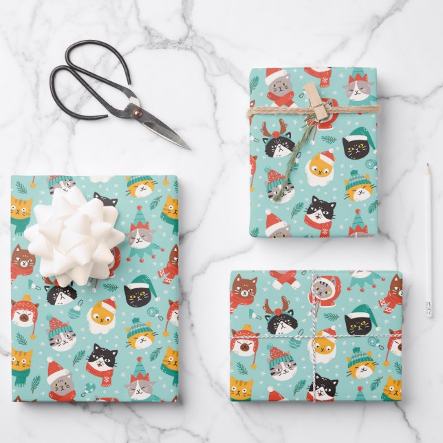 Christmas Cats in Holiday Sweaters Pattern Wrapping Paper Sheets (Front)