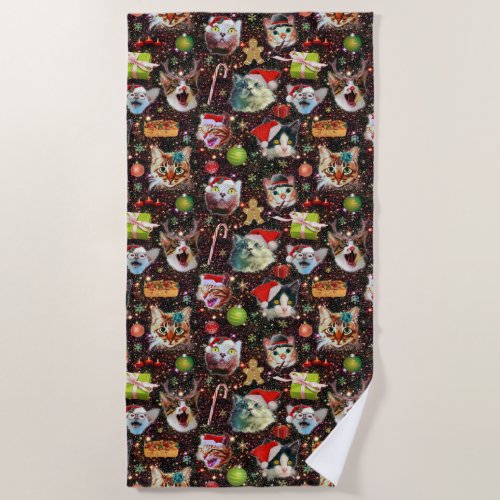 Christmas Cats in Space Galaxy Stars Funny Holiday Beach Towel