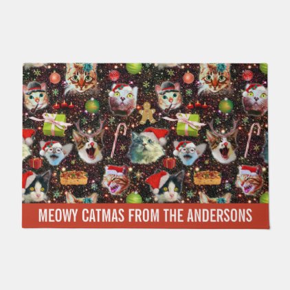 Christmas Cats in Space Galaxy Stars Funny Holiday Doormat