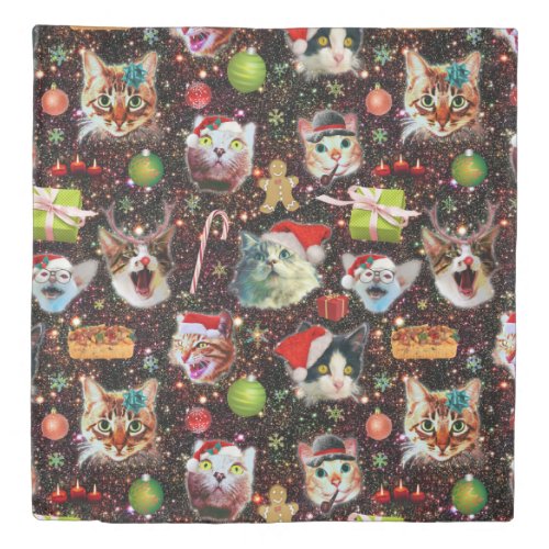 Christmas Cats in Space Galaxy Stars Funny Holiday Duvet Cover