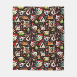 Christmas Cats in Space Galaxy Stars Funny Holiday Fleece Blanket