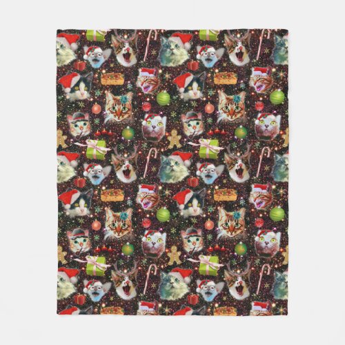 Christmas Cats in Space Galaxy Stars Funny Holiday Fleece Blanket