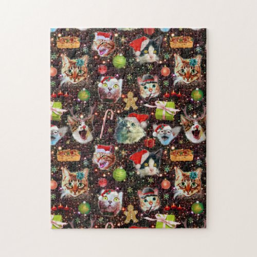 Christmas Cats in Space Galaxy Stars Funny Holiday Jigsaw Puzzle