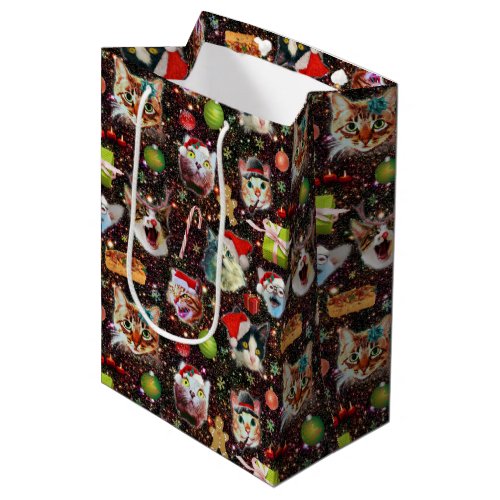 Christmas Cats in Space Galaxy Stars Funny Holiday Medium Gift Bag