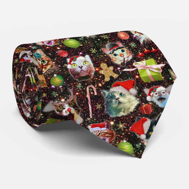 Christmas Cats in Space Galaxy Stars Funny Holiday Neck Tie (Rolled)