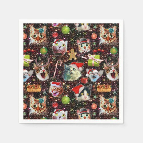 Christmas Cats in Space Galaxy Stars Funny Holiday Paper Napkins