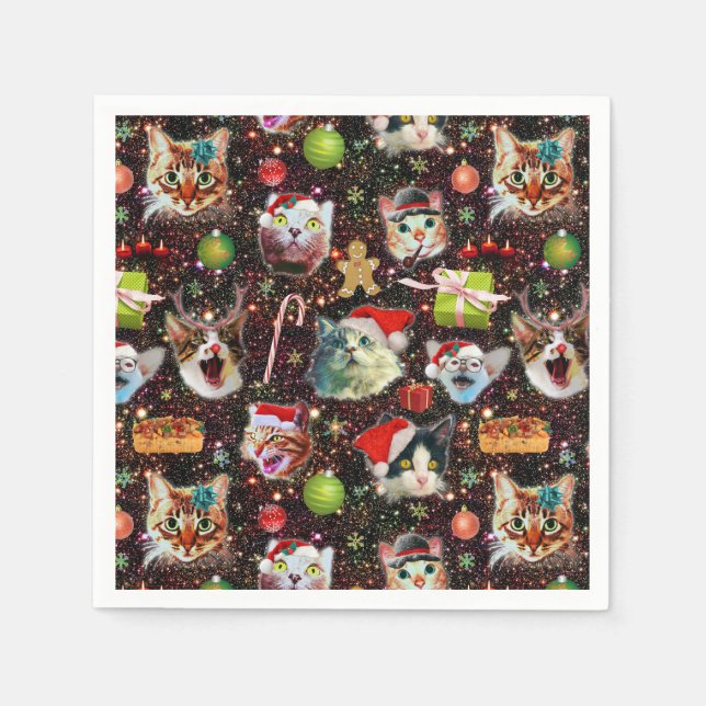 Christmas Cats in Space Galaxy Stars Funny Holiday Paper Napkins (Front)