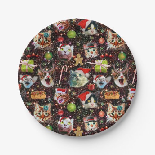 Christmas Cats in Space Galaxy Stars Funny Holiday Paper Plates