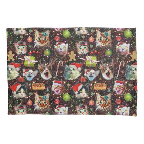 Christmas Cats in Space Galaxy Stars Funny Holiday Pillow Case