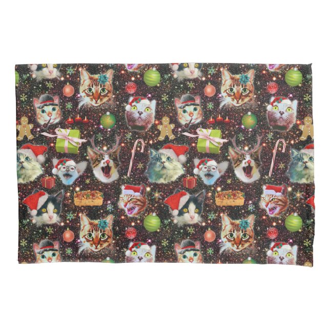 Christmas Cats in Space Galaxy Stars Funny Holiday Pillow Case (Front)