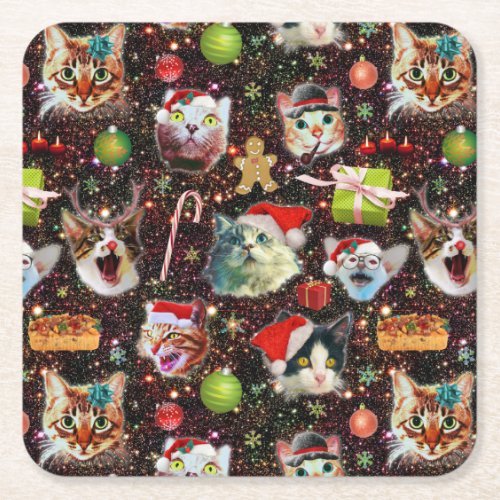 Christmas Cats in Space Galaxy Stars Funny Holiday Square Paper Coaster