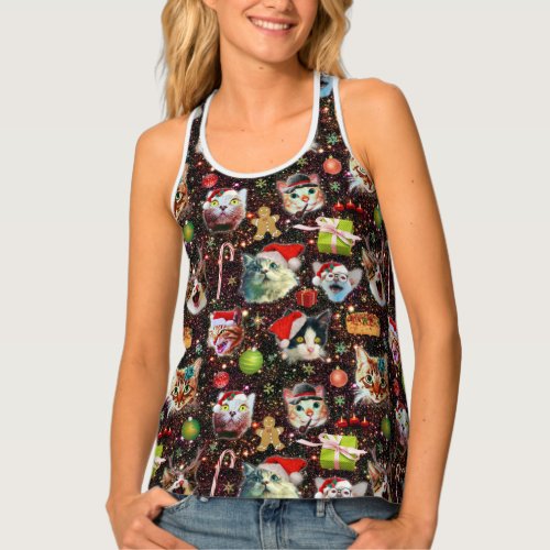 Christmas Cats in Space Galaxy Stars Funny Holiday Tank Top