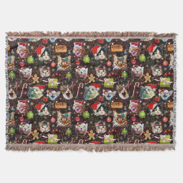 Christmas Cats in Space Galaxy Stars Funny Holiday Throw Blanket (Front)