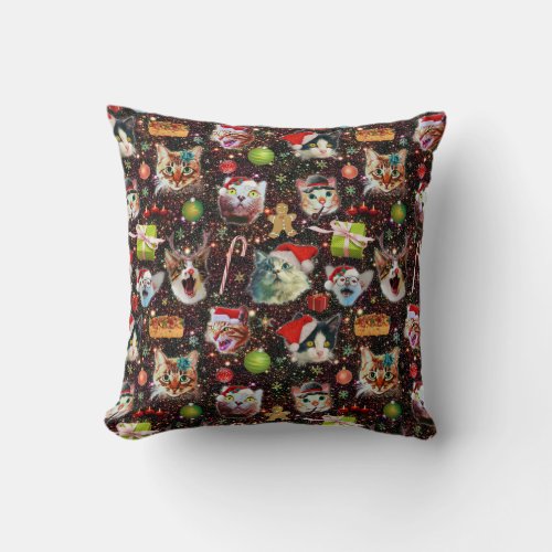 Christmas Cats in Space Galaxy Stars Funny Holiday Throw Pillow