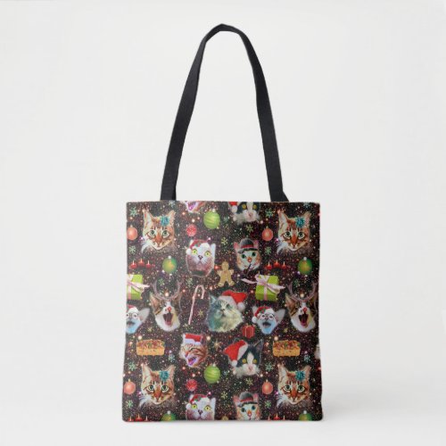 Christmas Cats in Space Galaxy Stars Funny Holiday Tote Bag